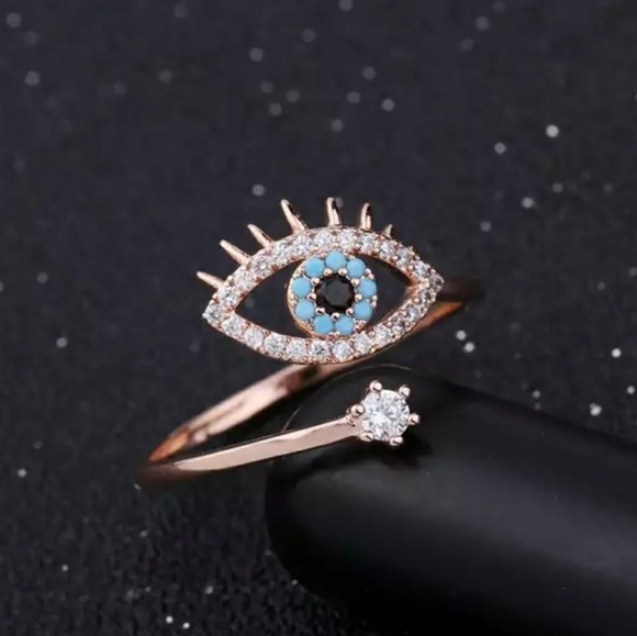 NEW Rose Gold Blue Evil Eye Open Ring - Picture 4 of 7